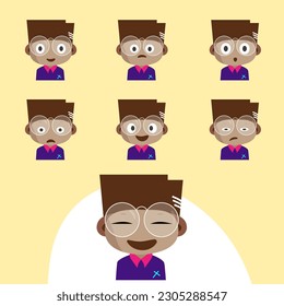 Set von afrikanisch-amerikanischem Jungen mit unterschiedlichen Gesichtsausdrücken. Kollektionsjunge Emotionen Gesicht. Zeichentrickdesign. Fröhlich, lächelnd, wütend, traurig, weinend, beleidigt. Vektorgrafik einzeln auf weißem Hintergrund