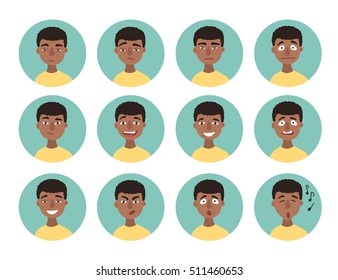 Set of African American boy emotions. Schoolboy portrait avatars. Illustration featuring boy kids showing different facial expressions emotions cartoon vector. Variety of emotions teen guy. 
