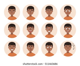 Set of African American boy emotions. Schoolboy portrait avatars. Illustration featuring boy kids showing different facial expressions emotions cartoon vector. Variety of emotions teen guy. 