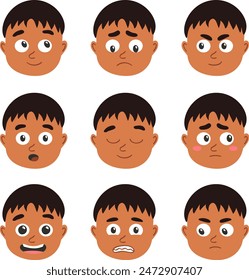 Set of African American Boy Faces. Collection of baby emotions with black skin. Joy, delight and embarrassment. Avatar of calm child head. Short hair. Fright, surprise and anger. Vector illustration