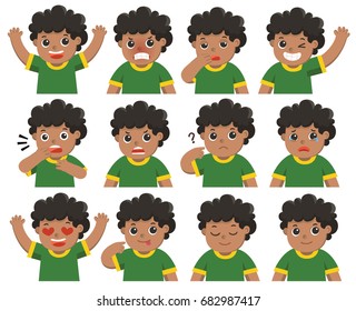 Set of African american boy facial emotions. Boy face with different expressions. School Boy portrait avatars. Variety of emotions