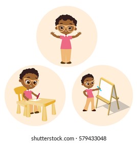 Set African American boy with glasses.Vector illustration eps 10 isolated on white background. Flat cartoon style