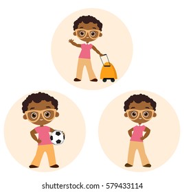 Set African American boy with glasses.Vector illustration eps 10 isolated on white background. Flat cartoon style