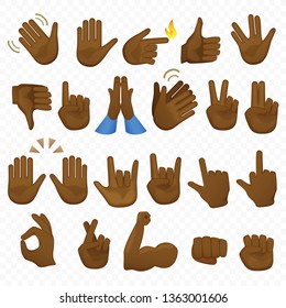 Set of african american or brazilian black hands icons and symbols. Emoji hand icons. Different cartoon gestures, hands, signals and signs set vector illustration.