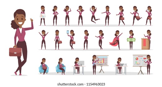 Set of african american business woman or office worker character in suit with various poses, face emotions and gestures. Isolated flat vector illustration