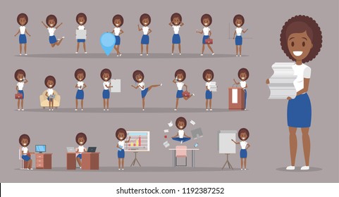 Set of african american business woman or office worker character with various poses, face emotions and gestures. Talking on the phone, sitting and jumping. Isolated flat vector illustration
