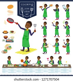 A set of African American businessman about cooking.There are actions that are cooking in various ways in the kitchen.It's vector art so it's easy to edit.