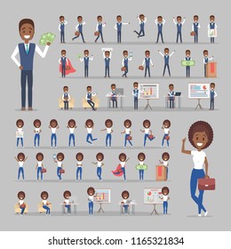 Set of african american businessman and business woman or office worker characters in suits with various poses, face emotions and gestures. Isolated flat vector illustration