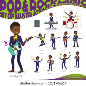 A set of African American businessman playing rock 'n' roll and pop music.There are also various instruments such as ukulele and tambourine.It's vector art so it's easy to edit.