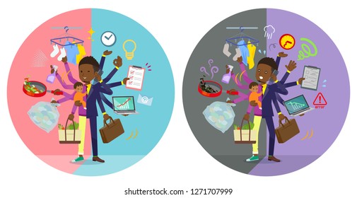 A set of African American businessman who perform multitasking in offices and private.There are things to do smoothly and a pattern that is in a panic.It's vector art so it's easy to edit.