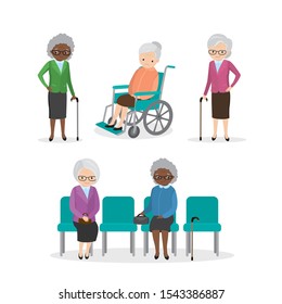 Set of african american and caucasian elderly woman. Cartoon seniors isolated on white background. Old female characters collection in various poses. Flat vector illustration