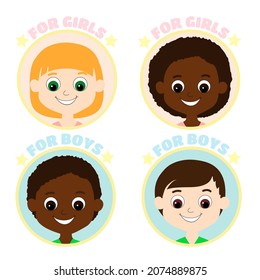 Set for the African or African American children gender icons. Boys and girls are depicted in a blue and pink circle and written for boys and girls. 