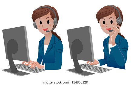 Set of African american Customer Service Woman with a smile at computer : looking to camera, touching the headset. Isolated on white. For another variation, Check out my portfolio.