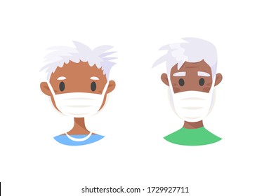 Set of African American elderly male and female character. Cartoon masked people. Isolated retiree avatar. Flat illustration protected old men and women. Hand drawn vector drawing safe granny p