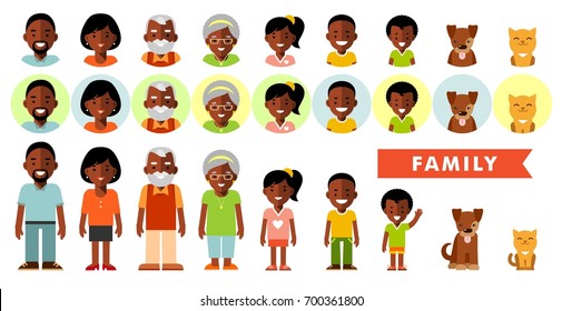 Set of african american ethnic family members in flat style. Happy family of seven african american ethnic people and two pets, full length and avatars, isolated on white background