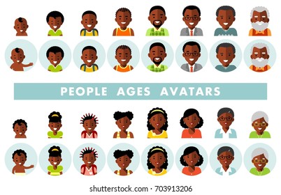 Set of african american ethnic people generations avatars at different ages. Man and woman african american ethnic aging icons - baby, child, teenager, young, adult, old. Vector in flat style