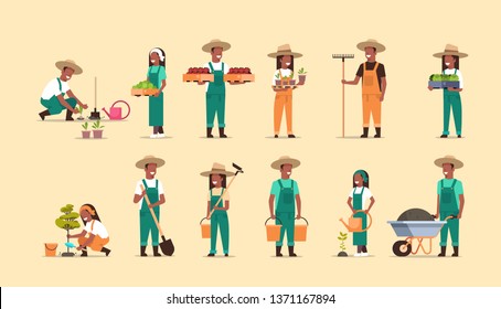 set african american farmers holding different farming equipment harvesting planting vegetables male female agricultural workers collection eco farming concept full length horizontal