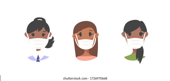 Personajes femeninos afroamericanos. Estilo de caricatura enmascarado de íconos. Asistentes avatares. Ilustración plana de caras de mujeres protegidas. Retratos de niñas de dibujo vectorial dibujado a mano