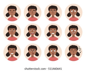 Set of African American girl emotions. Schoolgirl portrait avatars. Illustration featuring girl kids showing different facial expressions emotions cartoon vector. Variety of emotions teen girl. 