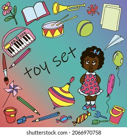 set of african american girl and toys. multicolored image