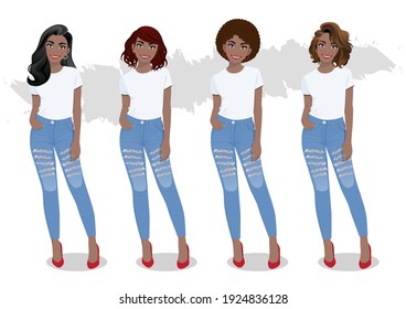 Set of African American girls with different hairstyles in white T-shirts and blue jeans vector 