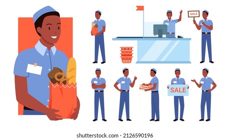 Set of african american guy seller in diverse working poses. Cheerful shopping store cashier, advertising sale promotion manager, customer serving assistant flat vector illustration