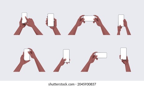 set african american human hands holding smartphones with blank touch screens using mobile phones concept