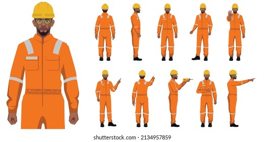 set of  african american industrial worker on orange uniform characters in white background