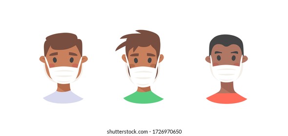 Set of African American male characters. Cartoon style masked people icons. Isolated guys avatars. Flat illustration protected men faces. Hand drawn vector drawing safe boys portraits