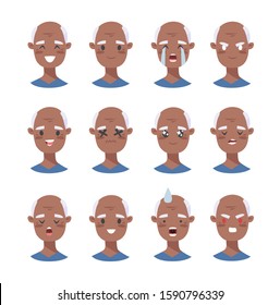 Set of african american male emotional characters. Cartoon style people emoticon icons. Holiday elderly  guys avatars. Flat illustration men faces. Hand drawn vector drawing emoji portraits