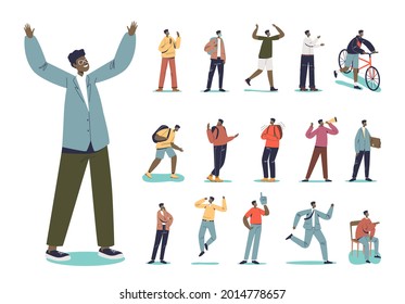 Set of african american male wearing suit and glasses in different lifestyle situations and poses: cartoon ethnic businessman run, sit, ponder, cry, ride bicycle. Flat vector illustration