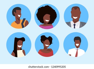 set african american man woman avatar happy face profile male female cartoon character portrait collection flat horizontal