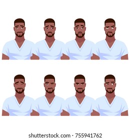 Set of African American man's emotions. Vector cartoon illustration.