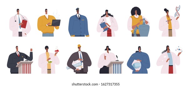 Set of African American professionals. Scientists, engineers, doctors, programmers, politicians and pilots are African American. Vector flat design cartoon illustration