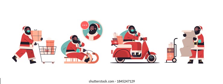 set african american santa claus delivering gifts merry christmas happy new year holidays celebration concept horizontal full length vector illustration