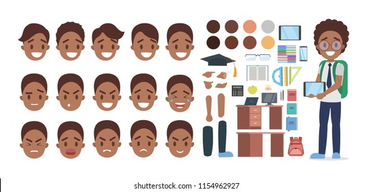 Set of african american school boy character in suit with various poses, face emotions and gestures. School equipment. Isolated flat vector illustration