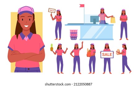 Set of african american seller girl in shop working poses. Promoting sale offer and serving customers, salesperson consultation and client assistance flat vector illustration