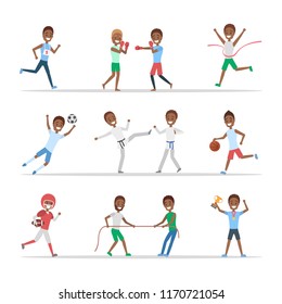 Set of african american sportsmen. People doing different kind of sport: play basketball, boxing, running and winning the competition. Isolated flat vector illustration