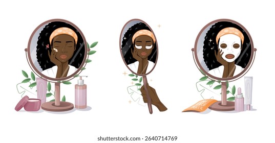 Set of African american woman doing skincare spa routine and reflecting in the mirror