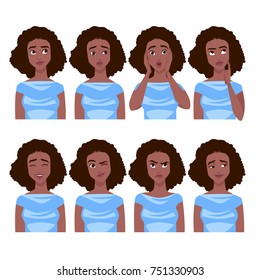 Set of African American woman's emotions. Vector cartoon illustration.