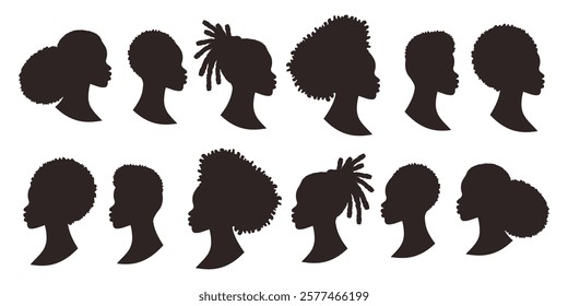 Set of African American women. Black women faces isolated on white background. Hand drawn Hair contour.  Hairstyle woman. Vector flat illustration