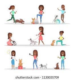 Set of african american women walking, playing and training their cute dogs. Girls taking care of the pets. Isolated flat vector illustration