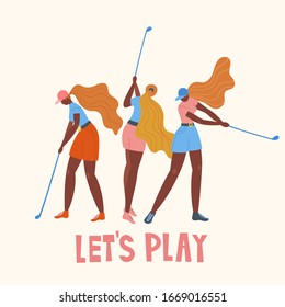 Set with african american young girl hitting ball with golf club. Vector flat hand drawn illustration. Female golfer plays golf. Woman in sport. T-shirt print design. Let's play. Cartoon characters.