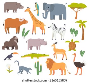 Set of african animal, birds and plants, sticker patches isolated. Africa elephant, lion, giraffe, hippo, rhino, zebra, parrot, palm tree and cactus on white background. Vector illustration