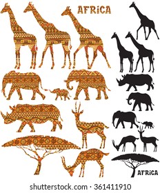 Set of African animal silhouettes in 2 versions: black and pattern filled.