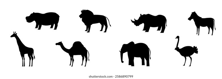 Set of African animal silhouettes in black color, including ostrich, crocodile, lion, camel, rhino, giraffe, elephant, zebra, and hippo. Minimalistic wildlife vector illustrations.