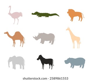 Set of African animal silhouettes in different colors, including ostrich, crocodile, lion, camel, rhino, giraffe, elephant, zebra, and hippo. Minimalistic wildlife vector illustrations.