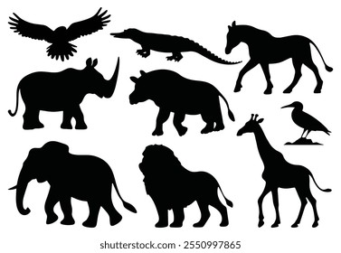 Conjunto de siluetas de animales africanos. Vector aislado sobre fondo blanco.