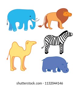 Set of African animal stickers. Safari set to study animal names broaden childrens horizons. Elephant lion zebra camel and hippo in profile. Vector isolated. Use as icon sticker mascot sign.