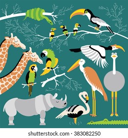 Set of african animals and birds. Vector flat african animals. African animals and birds are isolated and separately grouped. Vector jungle animals and birds. Wild animals collection.